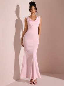 SHEIN BAE 女士纯色粉色、浅粉色垂领性感露背系带开衩紧身连衣裙，适合毕业季、伴娘派对、情人节、生日、返校 - 粉色 - 查看 4