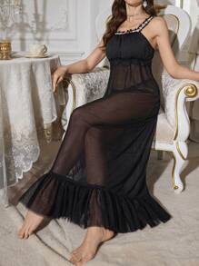 Camisón de malla transparente con encaje de contraste sexy - Negro - Ver 3