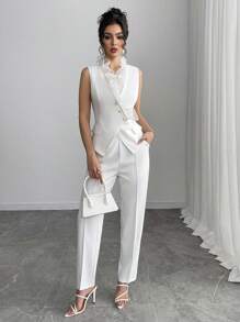 Gloray 2 件套：合身无袖深 V 领 3D 荷叶边口袋纽扣交叉不对称下摆七分阔腿裤，优雅休闲时尚正式服装，适合工作、婚礼、派对、春/夏