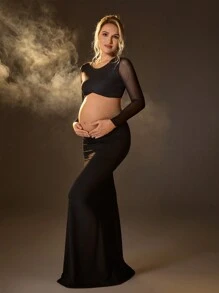 SHEIN Maternity Solid Color Minimalist Top And Skirt Outfit, Casual Style Photography Set - Black - View 4