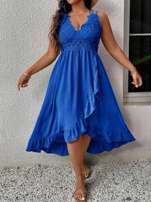 SHEIN VCAY 大码休闲节日拼布荷叶边吊带中长连衣裙 - 寶藍色 - 查看 3