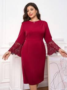 SHEIN Clasi Valentine's Day  Plus Size Elegant Contrast Lace Flared Sleeve Dress - Red - View 3