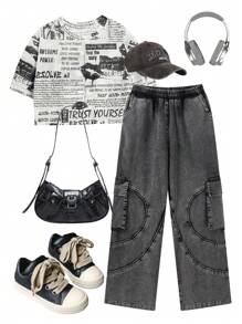 SHEIN EZwear Women's Spring/Summer Cargo Streetwear Going Out Washed Black Pants - Black - View 1