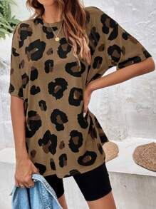 SHEIN LUNE Fashionable Leopard Print Round Neck Drop Shoulder Oversized Basic Women T-Shirt - Coffee Brown - View 5