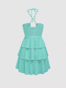 SHEIN Unity 领口荷叶边下摆连衣裙，纯色休闲简约优雅连衣裙，适合日常穿着 - 薄荷綠 - 查看 2