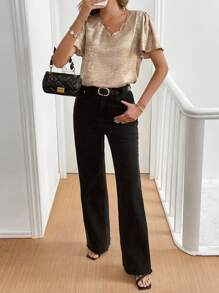 SHEIN Frenchy Áo cánh tay phồng kim loại thường ngày cho nữ - Rượu sâm banh - Xem 4