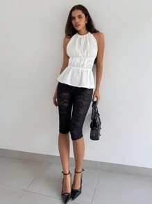 SHEIN Essnce Parte superior de mujer de halter con volante, de algodón puro blanco, para primavera y verano, para vacaciones, con espalda anudada, cintura fruncida, para la playa