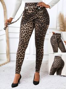 SHEIN Lady Brown Leopard Print Check Decorative Women's Slim Leggings Skirt Wrap Design Women's Leggings
