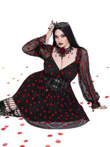 Whyspr 大码方领植绒网眼长袖性感优雅约会派对情人节复古心形、玫瑰、心形、波尔卡圆点、爱心、嘴唇、丘比特、花卉印花连衣裙 - 黑色 - 查看 3