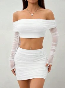 SHEIN PETITE Women Off Shoulder Long Sleeve Solid Color Mesh Patchwork Minimalist Top And Skirt 2 Pieces Set - White - View 1