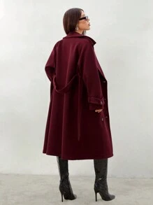 SHEIN PETITE Women's Plush Fake Fur Jacket, Short, Warm, Suitable For Autumn And Winter - Burgundy - View 2