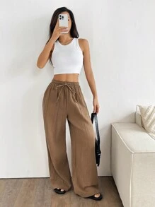 SHEIN EZwear Women's Solid Color Tie Waist Straight Leg Textured Loose Pants