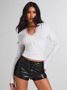 SHEIN BAE Women's Solid Color Lace Patchwork Long Sleeve Casual Slim Fit T-Shirt