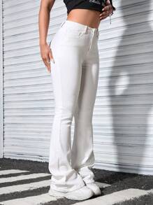 SHEIN ICON Calças Denim Casuais Femininas de Cor Sólida com Botões na Frente e Bolsos - Branco - Visão 4