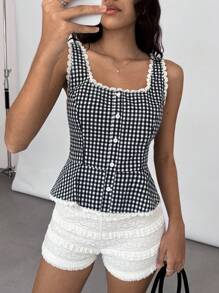 Siren Gaze Spring And Summer Plaid Lace Stitching Backless Babydoll Top With Mid-Back Bowknot Casual Vacation Top For Women Check - Blue and White - View 5
