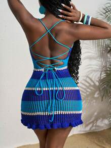 Slaydiva Sexy Crochet Lace-Up Colorful Mini Knit Dress For Beach Vacations And Dates - Style A - Multicolor - View 2