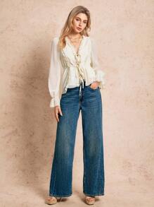 Poéselle Women's Drawstring At Waist Apricot Chiffon Lace-Up Flowing Ruffle Solid Color Long Sleeve Simple Fashion Casual Daily Blouse