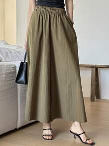 DAZY Women's Elegant Commuter Solid Color Loose Wide Leg Cropped Pants, Summer