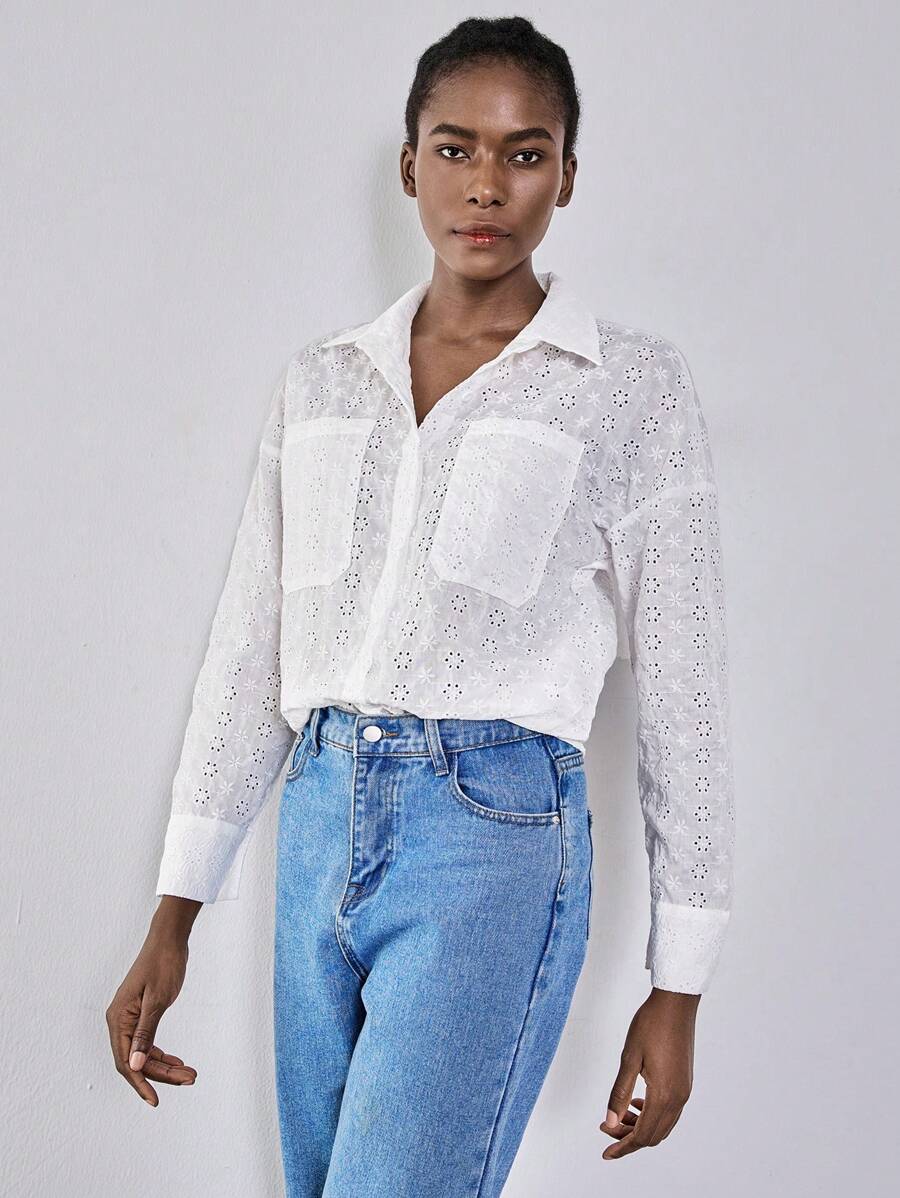 SHEIN Unity Loose Fit White Lace Embroidery Blouse, Oversized Casual & Fashionable Women Shirt Fall Cloth For Women - White - View 1
