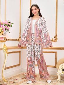 少女优雅印花图案休闲外套三件套，白色吊带背心，宽松舒适喇叭裤套装 - 彩色 - 查看 5