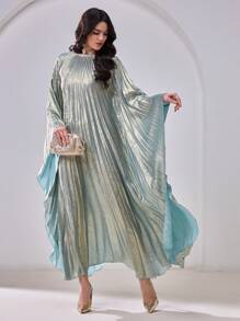 Al Najma 女士圆领长袖褶皱长款阿拉伯风格蝙蝠蝴蝶卡夫坦连衣裙，优雅奢华晚会风格，端庄 - 藍色 - 查看 1