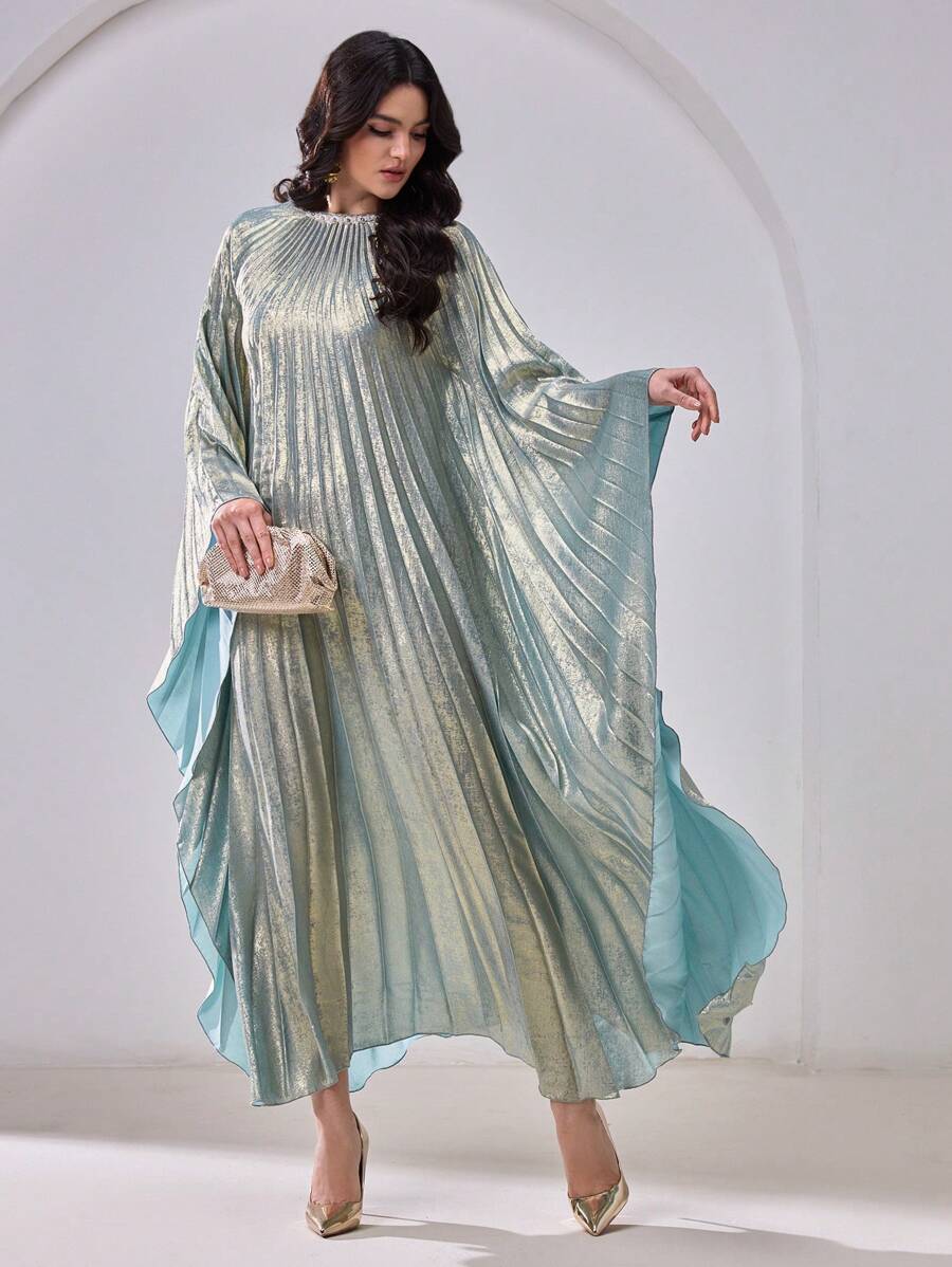 Al Najma 女士圆领长袖褶皱长款阿拉伯风格蝙蝠蝴蝶卡夫坦连衣裙，优雅奢华晚会风格，端庄 - 藍色 - 查看 1