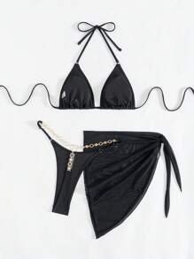 Women's Solid Color Halter Neck Triangle Bikini Bottoms With Mesh Attached Skirt 3-Piece Beach Swimwear Set, Summer - Black - View 4