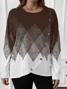 EMERY ROSE Women's Plus Size Long Sleeve Black & White Geometric Printed Fall Sweatshirt - Brown - View 3