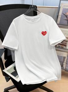 SHEIN Teen Boys' Casual Loose Fit Comfortable Versatile Graffiti, Letter & Heart Graphic Short Sleeve T-Shirt - White - View 3
