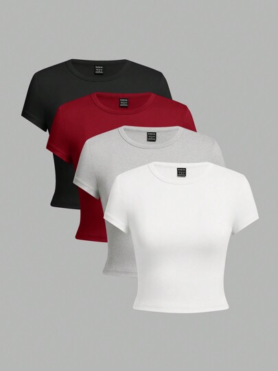 SHEIN EZwear Set de 4 camisetas ajustado de manga corta y cuello redondo para mujer, ropa casual de verano