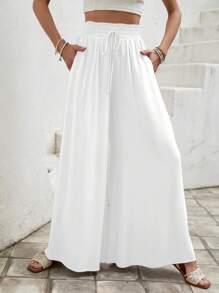 Easowa 度假休闲纯色阔腿裤 - 白色 - 查看 5