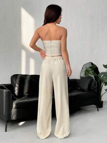 SHEIN EZwear Bộ 2 áo liền quần màu trơn cho nữ, giản dị và thời trang để mặc hàng ngày - Màu be - Xem 2