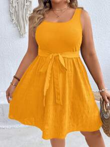 SHEIN VCAY Plus Size Curve Summer Sundress Yellow Sleeveless Tie-Waist,Vacation Outfits Woman - Yellow - View 3