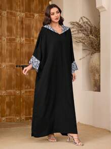 Al Najma 女士优雅撞色花卉印花拼接蝙蝠袖阿拉伯长裙端庄 - 彩色 - 查看 5