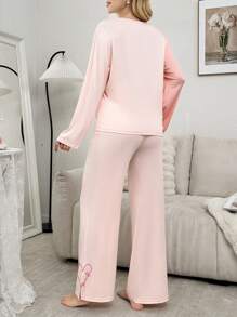 Bộ đồ ngủ tay dài và quần dài in hình trái tim và chữ màu khối trang trí nơ cài nút phía trước - Hồng - Xem 2