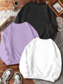 SHEIN Leap Crew Bộ 3 áo nỉ dài tay cổ tròn, dáng rộng, giữ ấm, dành cho bé gái tuổi teen. - Nhiều màu - Xem 2