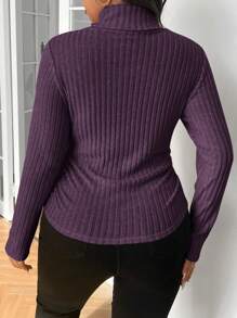 SHEIN Frenchy Plus Size Ribbed Fleece Turtleneck Bodycon Turtleneck T-Shirt - Purple - View 5
