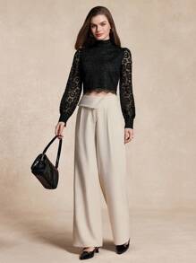Almamuse Women's Asymmetrical Waist Design Wide Leg Pants