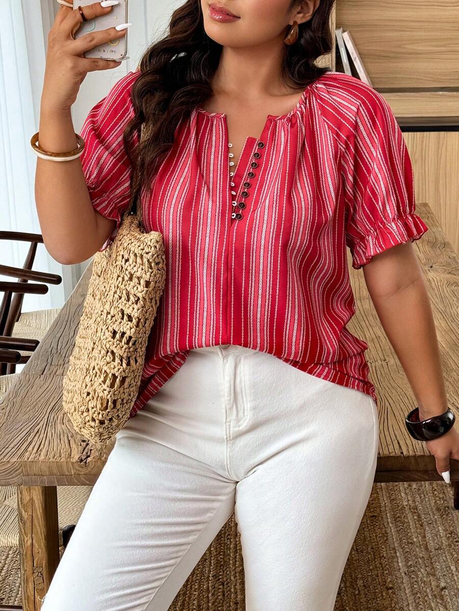 Weeklong Plus Size Striped Print Decorated Raglan Sleeve Shirt - Red and White - View 1