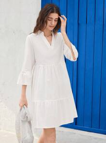 EMERY ROSE Đầm ngắn tay loe cổ xẻ màu trơn đơn giản cho kỳ nghỉ của phụ nữ - trắng - Xem 7