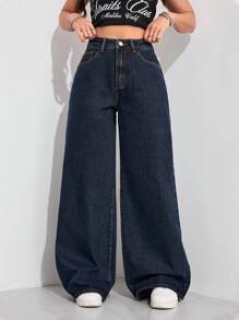 SHEIN ICON Women Front Button Pocket Casual Denim Jeans, Simple & Everyday Wear - Dark Wash - View 3