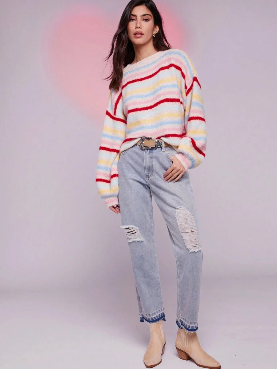 WESTFADE Jeans rectos de tiro alto con dobladillo escalonado y rotos, de primavera - Lavado ligero - Ver 1