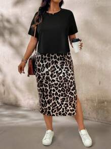 SHEIN LUNE Plus-Size Women'S Boho Summer Black T-Shirt + Leopard Print Side Slit Skirt Casual Women'S 2-Piece Set