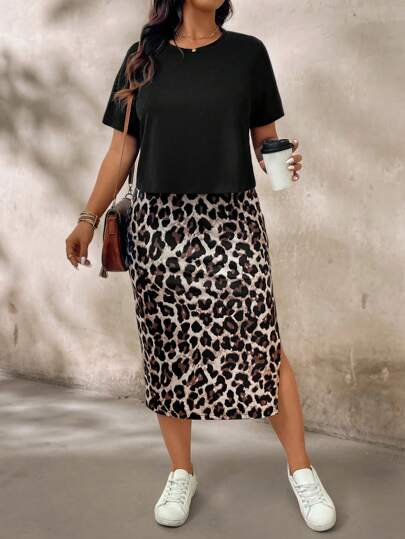 SHEIN LUNE Plus-Size Women'S Boho Summer Black T-Shirt + Leopard Print Side Slit Skirt Casual Women'S 2-Piece Set
