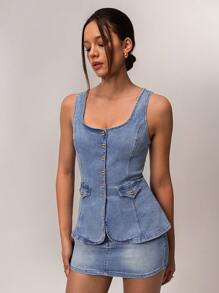 SHEIN Forever 21 女式方领无袖修身休闲牛仔背心，新春季系列 - 藍色 - 查看 4