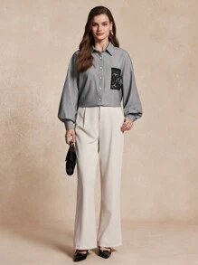 SHEIN Unity 女士条纹撞色蕾丝衬衫，休闲时尚，适合日常穿着 - 灰色 - 查看 5