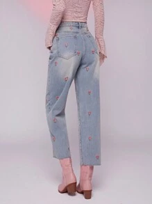 WESTFADE Summer Floral Embroidered High Rise Straight Leg Denim Jeans Country Concert  - Blue - View 5