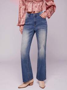 WESTFADE High Rise Flare Leg Split Hem Denim Jeans Cowgirl - Medium Wash - View 2