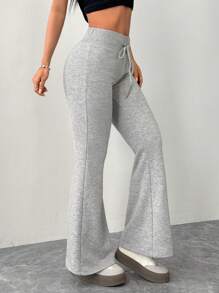 SHEIN PETITE Women's Casual Gray Knitted Elastic Waist Flared Sweatpants