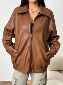 Muchica Women's Plain Color Zip-Up Jacket, Simple And Fashionable For Casual Daily Wear - Chocolate Brown - View 7